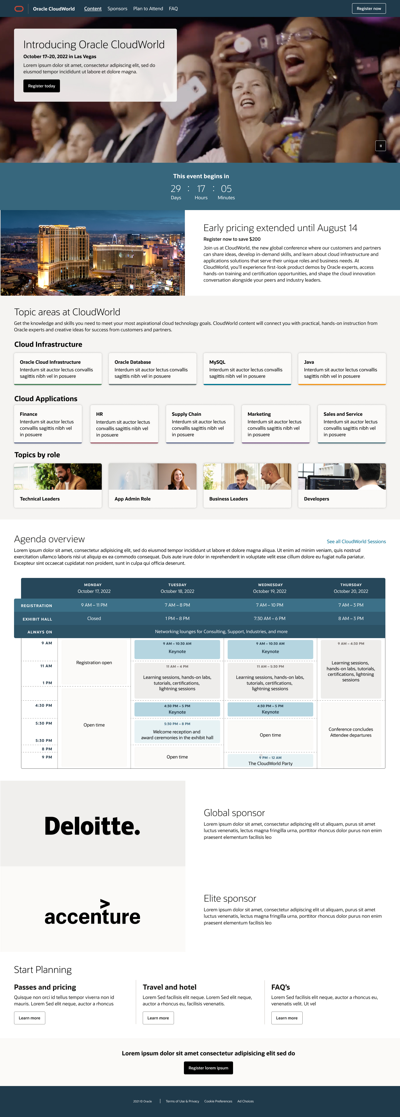 The 2022 CloudWorld site, from the hero and countdown through topic areas and the agenda overview