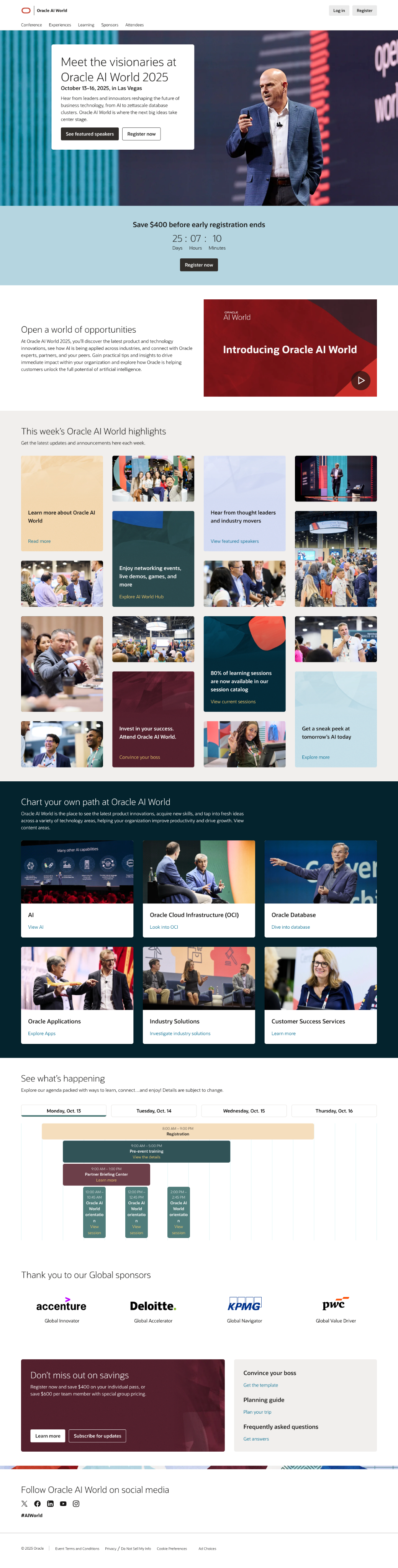 The Oracle AI World 2025 homepage, with a keynote hero and countdown to registration