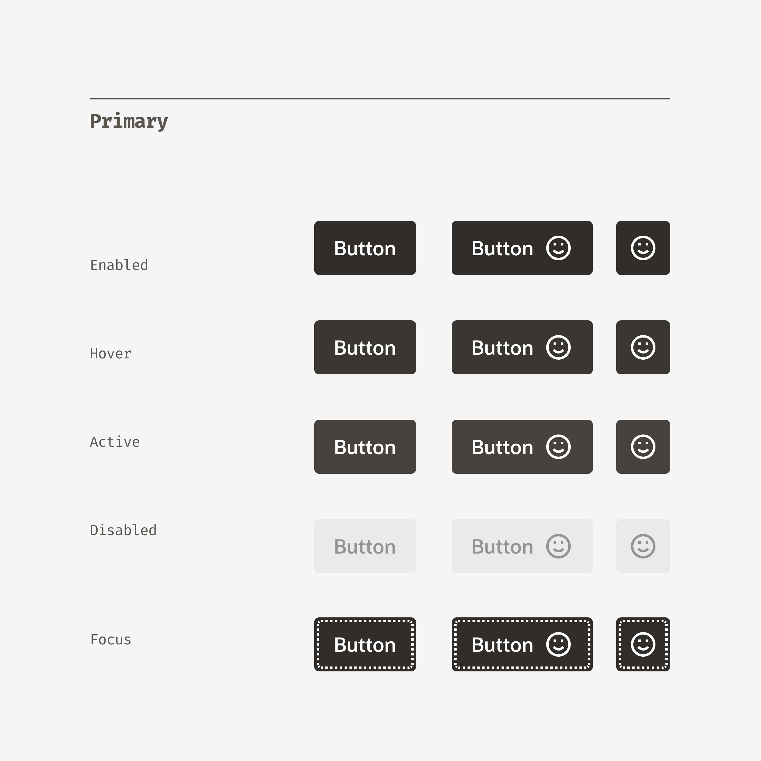 The primary button component in each of its interaction states